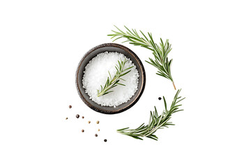 Sea salt in bowl with rosemary sprigs and peppercorns on trasparent background