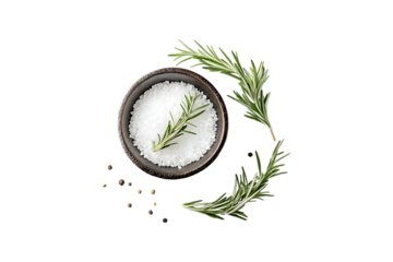 Sea salt in bowl with rosemary sprigs and peppercorns on trasparent background