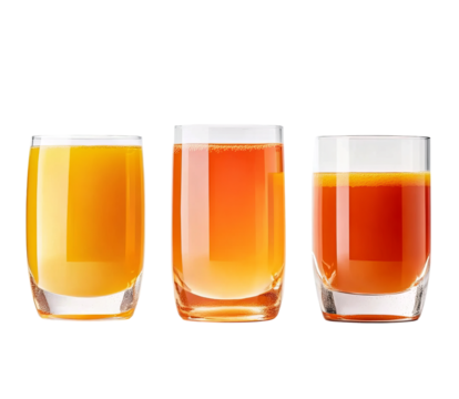 Three glasses of juice, one with an orange color and two filled to the brim with different types of fruit juice, against on Transparent Background and PNG