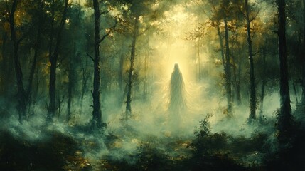Obraz premium Ethereal figure in misty forest at dawn