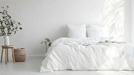 Minimalist bedroom interior with white bedding and subtle botanical elements