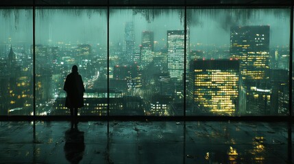 A solitary figure gazes at a rain-swept cityscape