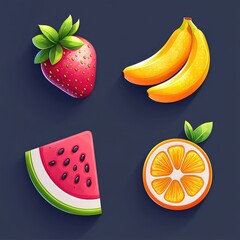 Playful fruit icon set with strawberry, orange, banana, and watermelon. Colorful and fresh look with transparent background. AI generated image.