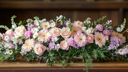 Soft pastel-colored flowers arranged for a funeral service.