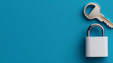 Naklejka premium 3D padlock and key in blue tones, placed side by side on flat blue surface, simple cybersecurity representation