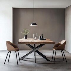 loft dining room, wood table with metal legs, graphite floor, soft side light, warm modern calm style, no florals