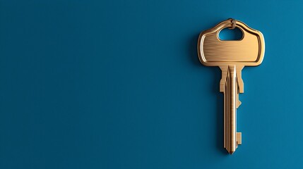 Blue 3D key icon standing upright on the right side of a flat minimal surface, clean background with open white space to the left