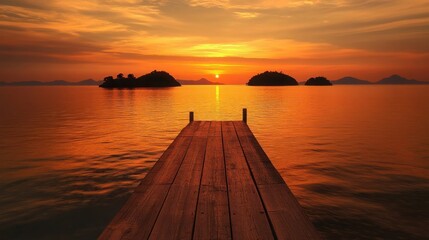 Sunset Over Calm Ocean with Wooden Pier and Islands on Horizon in Warm Golden Hour Lighting