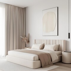 monochrome minimal bedroom full view, cream color palette, fabric headboard, full bed composition, soft warm light, no florals