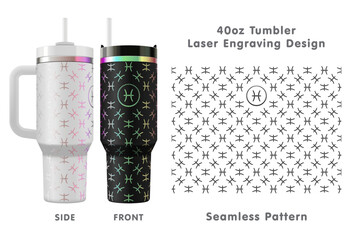 Pisces zodiac sign laser engraving design for 40oz tumbler. Seamless from edge to edge. Full tumbler wrap. Vector illustration.