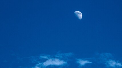 A waxing gibbous moon shines in a deep blue sky with wispy white clouds at the bottom. Tranquil night or twilight scene.