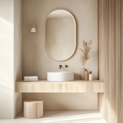 organic modern powder room, beige walls, solid wood vanity, recessed round light, soft shadows, clean lines, no floral decor