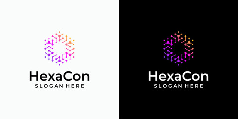 Hexagon shape technology connection vector logo design with modern, simple, clean and abstract style. Icon for business, science and personal branding.