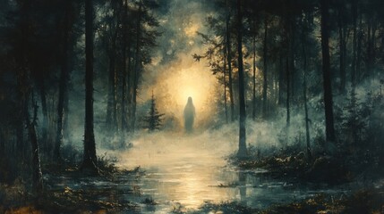 Obraz premium Misty forest path, figure, ethereal light, dawn or dusk