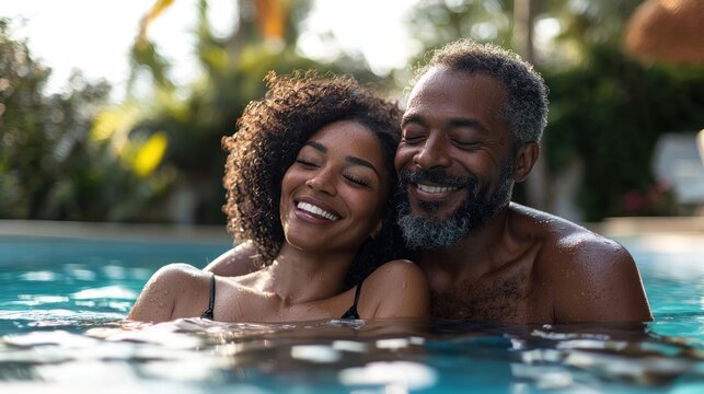 Couple relaxing and enjoying fun poolside moments.
