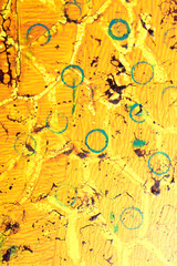 Thick abstract paint surface with heavy texture looking a bit like graffiti hand drawn real yellow...