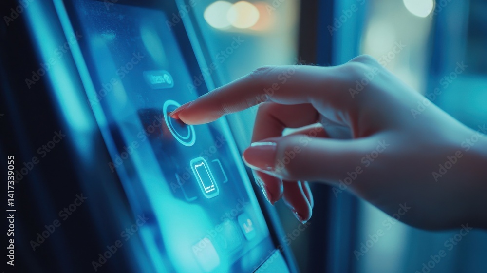 Poster closeup of a female hand entering a password on a modern digital touch screen keypad for secure acce