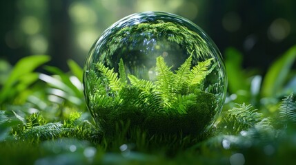 Surreal Green Crystal Ball with Miniature Ecosystem Inside, Water Droplets, and Bokeh Background