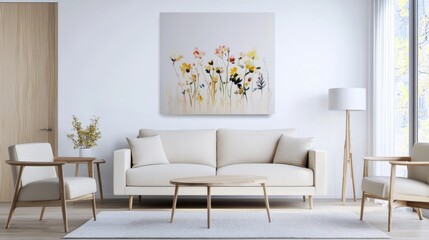 Scandinavian modern living room, cream stitched edge sofa and armchair, soft oil floral painting, warm ambient light