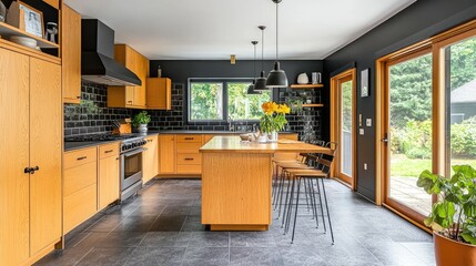 Modern kitchen with warm wood cabinets and dark accents.