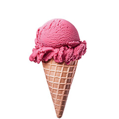 A vibrant pink ice cream scoop perched atop a waffle cone, perfect for a summer treat.