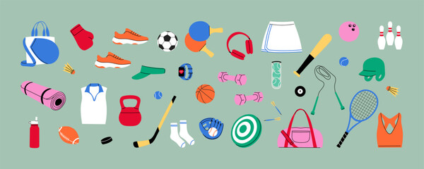 Flat sport equipment and accessories vector set – fitness gear, gym items, balls, rackets, shoes, bags, minimal style illustration for workout, training, active lifestyle design