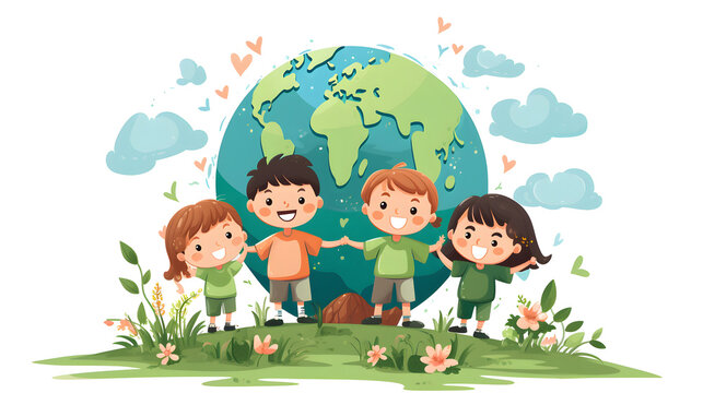 Detailed cartoon vector illustration of children celebrating Earth Day with eco-friendly activities