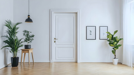 Bright interior featuring a closed white door, botanical prints, and indoor plants