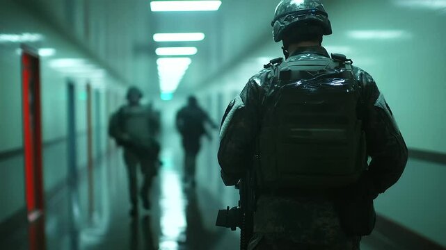 Rain-soaked tactical gear glistens under the fluorescent corridor lights as a SWAT team advances, rifles at the ready, moving toward an imminent breach