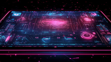 Obraz premium Futuristic holographic UI display with neon pink & cyan glow, floating tech elements, digital grid lines, and cybernetic texture in ultra HD. Perfect for sci-fi, tech, and cyberpunk themes.