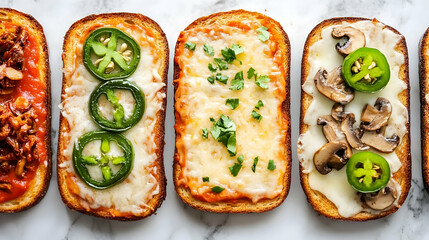Gourmet toast variety showcasing savory toppings on a marble surface setting