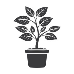 Minimalist Potted Plant Illustration – Black & White Botanical Silhouette with Stylized Leaves