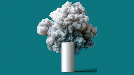 Conceptual image of a battery emitting smoke against a teal background