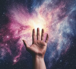 Outstretched Hand Reaching for a Cosmic Explosion in Space Scene