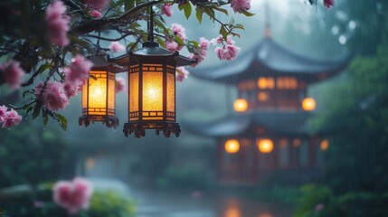 Traditional Asian Lanterns Glow Above Misty Garden with Pagoda Roofs and Pink Flowers at Dusk