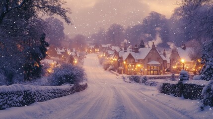 Snowy village street at dusk, snowfall, cozy houses.  Possible use Christmas card, holiday background