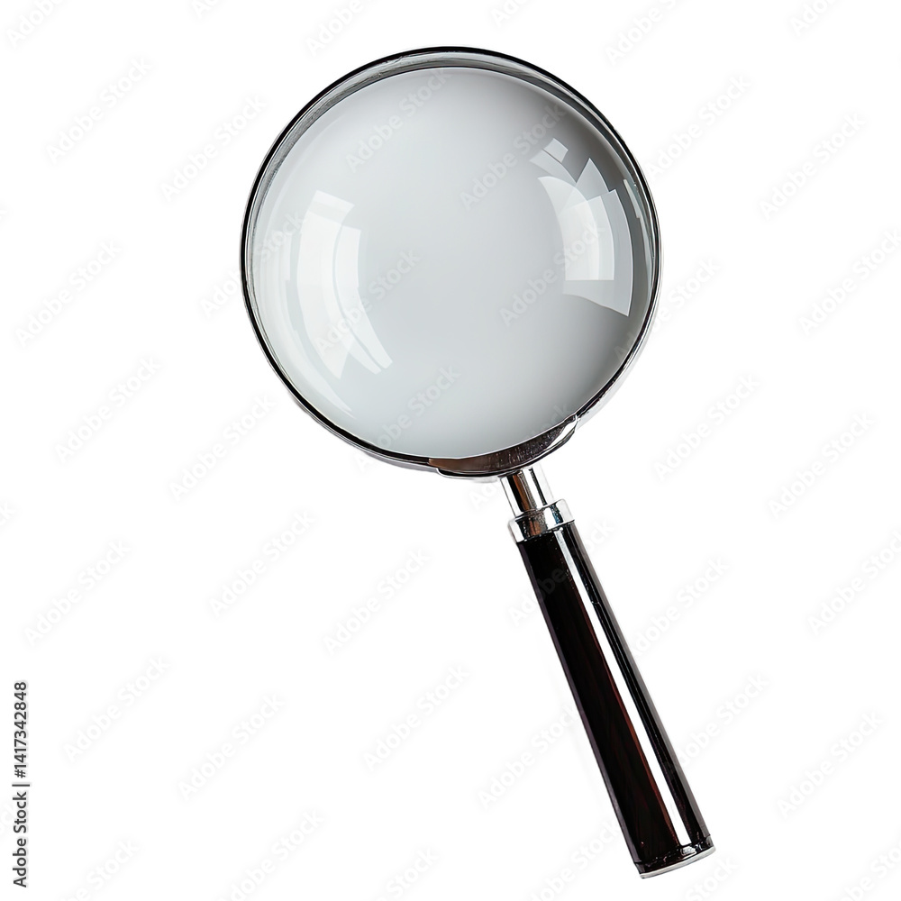 Poster a high-resolution image of a magnifying glass against a plain white background, highlighting its tra