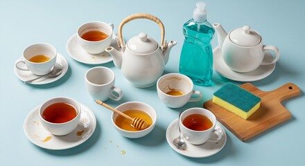 Messy Tea Party Scene with Dirty Dishes, Cleaning Supplies, and Honey on a Light Blue Background