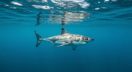 Fototapeta premium Shark Swimming Underwater in Ocean with Light Reflections