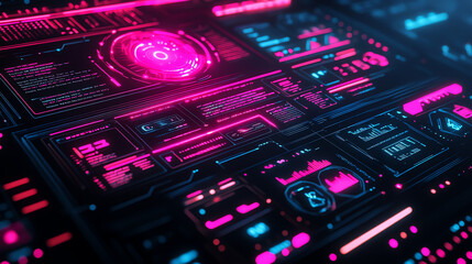Fototapeta premium Futuristic holographic UI display with neon pink & cyan glow, floating tech elements, digital grid lines, and cybernetic texture in ultra HD. Perfect for sci-fi, tech, and cyberpunk themes.