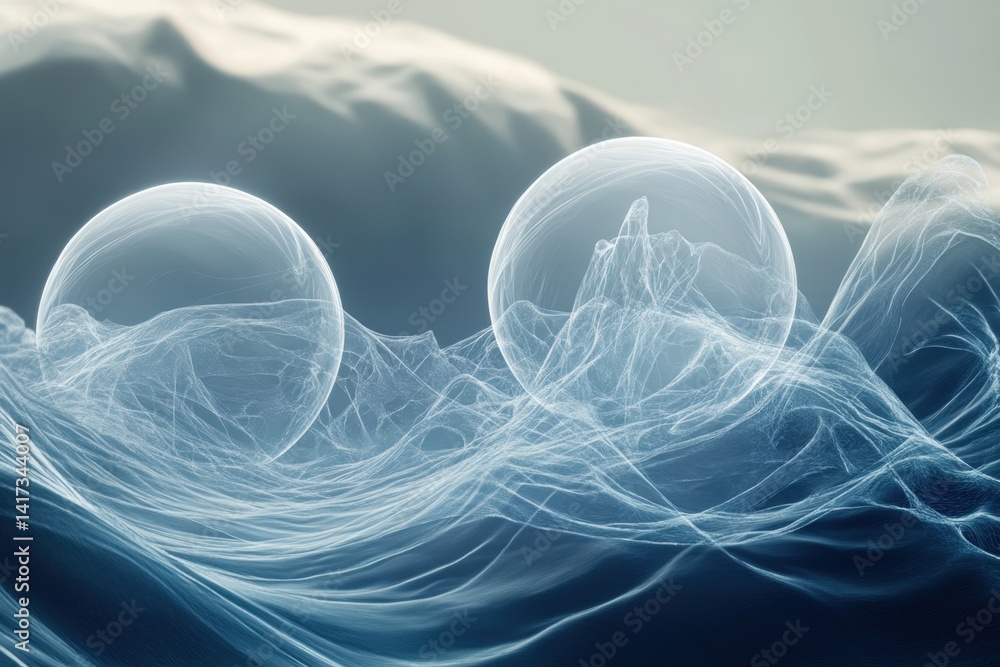 Poster ethereal light orbs blend with flowing textures in a serene abstract setting
