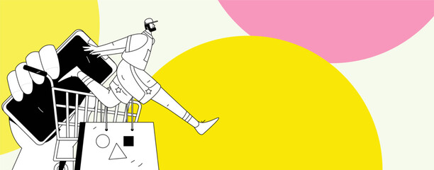 Holiday shopping people doing e-commerce online shopping flat vector concept operation hand drawn illustration
