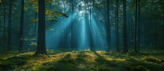 Obraz premium Mystical forest sunbeams, mystical light, nature, ethereal, woodland