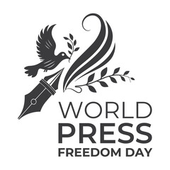 Obraz premium Black & White Logo – Dove Carrying Olive Branch with Fountain Pen Nib for World Press Freedom Day