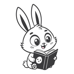Cute Cartoon Rabbit Reading a Book – Black & White Kawaii Style with Big Eyes and Long Ears