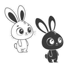 Cute Cartoon Rabbits – Black & White Kawaii Style with Big Eyes and Long Ears