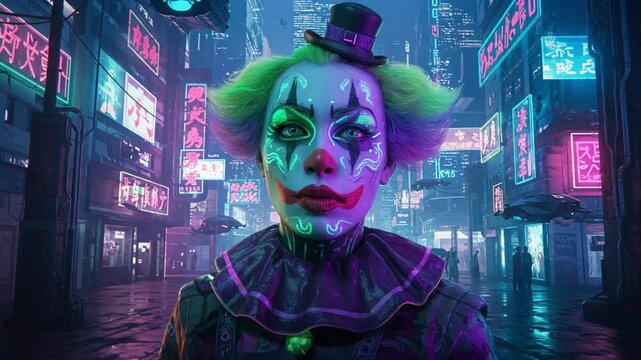 Sinister Cyber Clown in Neon Alley