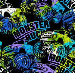 Abstract seamless grunge pattern for boy. Grunge  Monster Truck  trace of tire on colorful background. Extreme style © artlavi_design