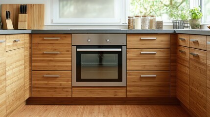Modern bamboo kitchen corner with stainless steel oven.