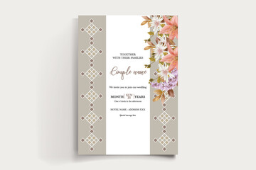 WEDDING INVITATION FRAME WITH FLOWER DECORATIONS AND FRESH LEAVES